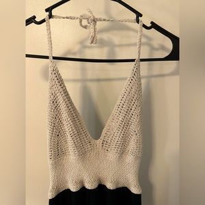 Knit tan crochet v neck maxi dress with soft black bottom